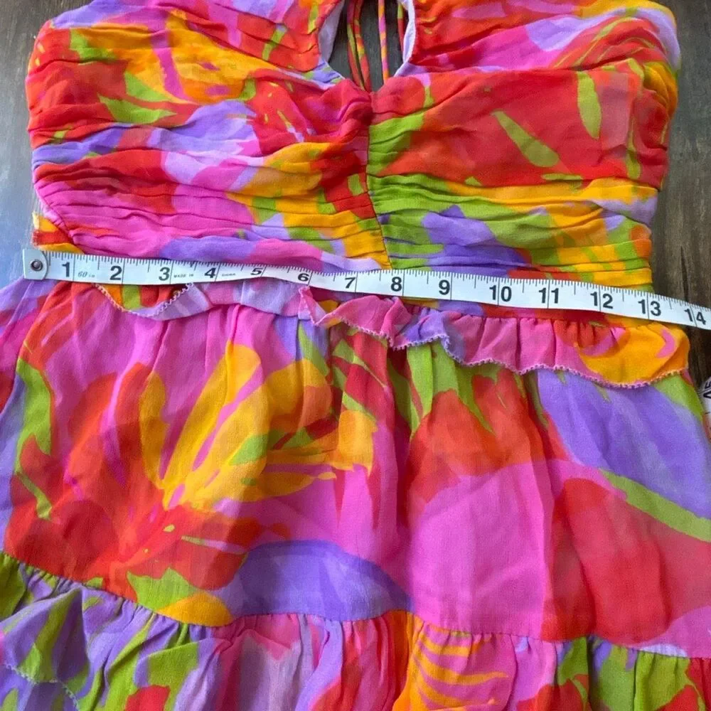 Farm Rio Colorful leaves halter ruffle tiered dress beaded tie XS EX cond - Picture 8 of 12